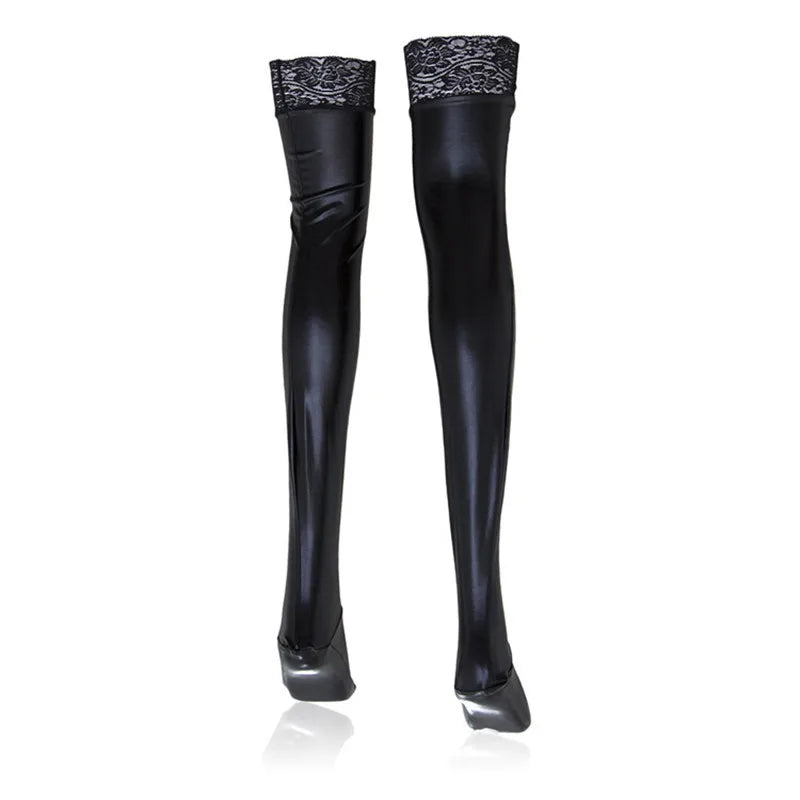 XXL plus Size Thigh High Sexy Stockings for Women Sexy Latex Cosplay Medias Black Leather Clubwear over Knee Silicone Stockings
