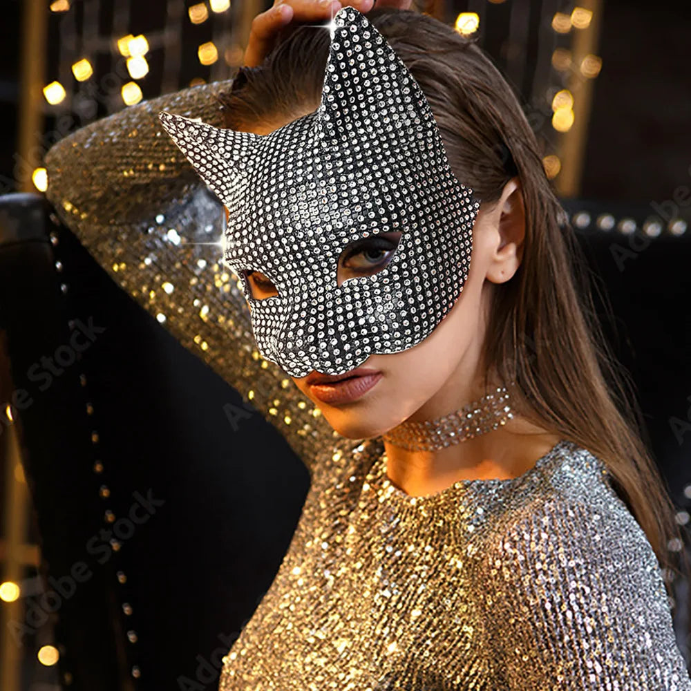 Cat Diamond Mask Sexy Half Face Eye Mask Masquerade Halloween Party Cosplay Mask Costume Props Male Female Role-Playing Toy