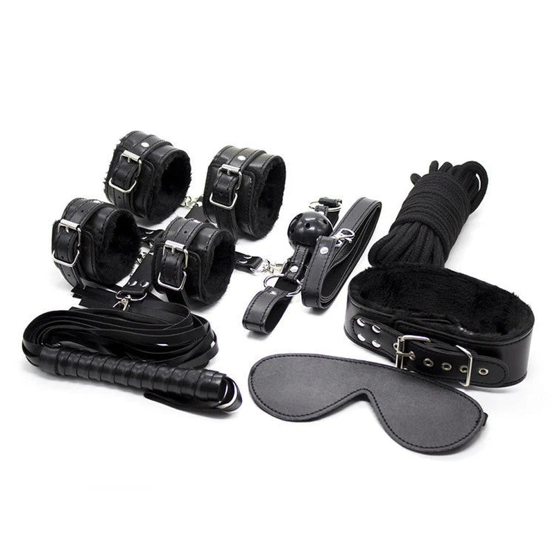 10-Piece Plush Lined Adjustable Restraint Kit with Rope & Accessories for Couples Black
