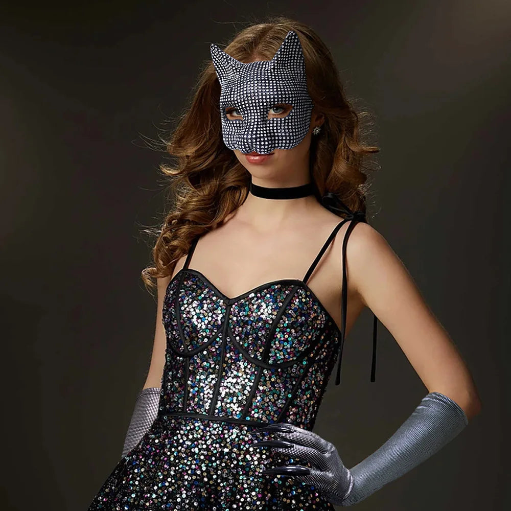 Cat Diamond Mask Sexy Half Face Eye Mask Masquerade Halloween Party Cosplay Mask Costume Props Male Female Role-Playing Toy