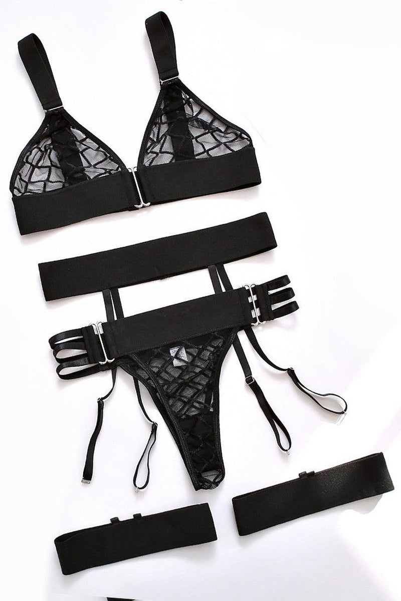 Black Lingerie Set Checker Mesh Sheer Garter Dames
